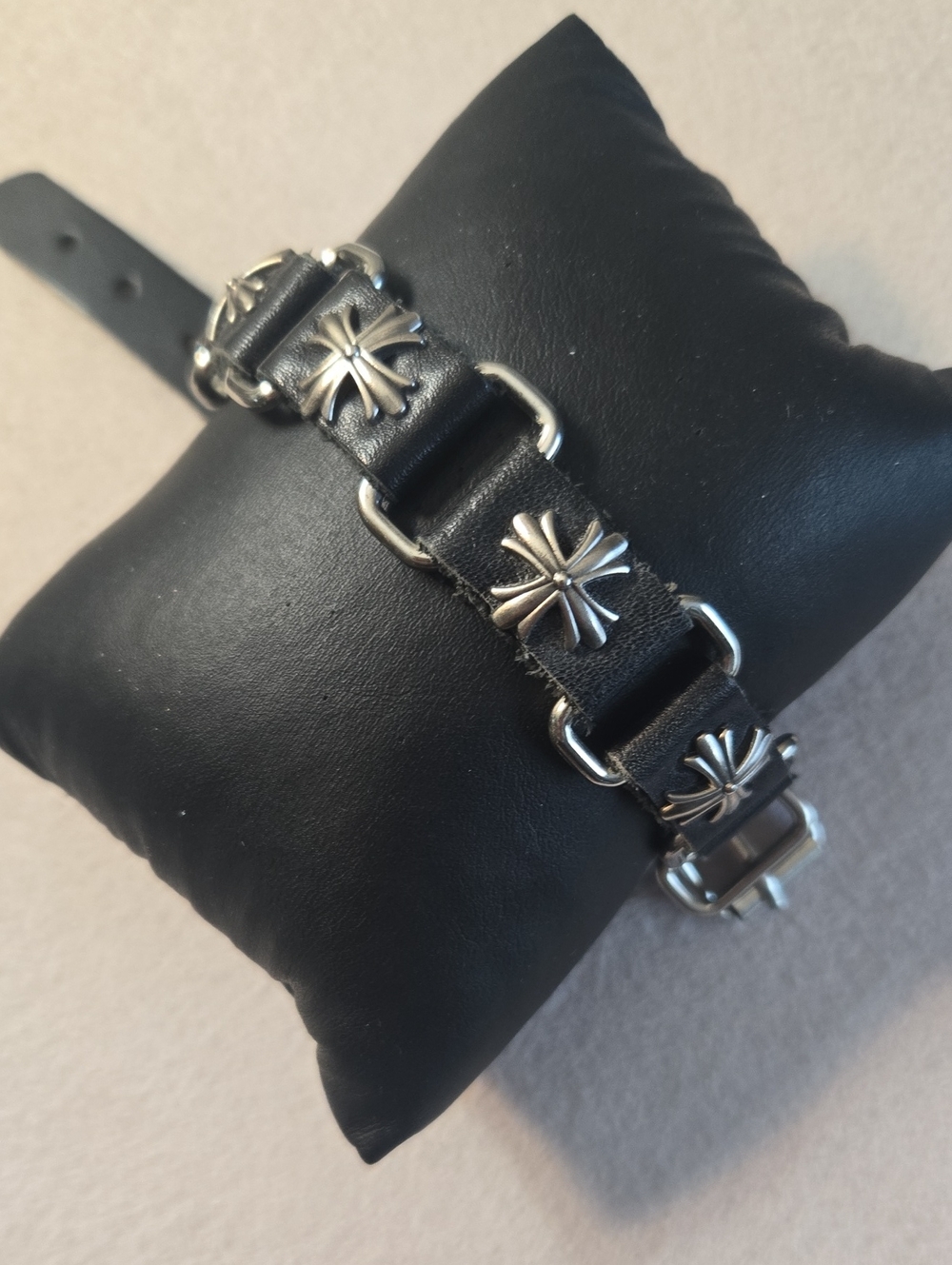 Black Leather Cross Accent Bracelet Buckle Unisex